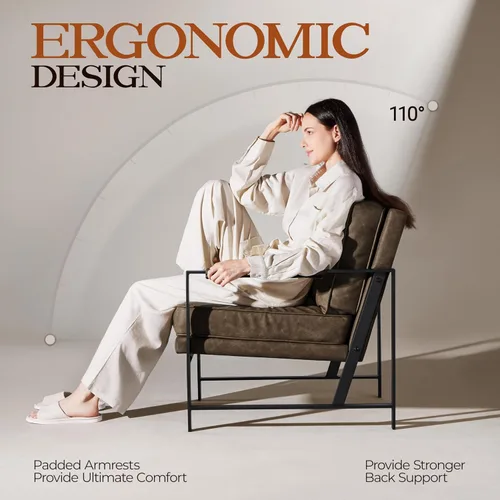 Miniatura 4 de Yaheetech Sillones de piel sintética, silla retro de ocio con acolchado y cojín extrasuave, respaldo inclinado de 105 grados, moderno sillón