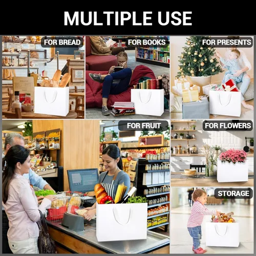 Miniatura 4 de EUSOAR Bolsas de papel blanco para regalo a granel, paquete de 25 bolsas de 10.6 x 3.1 x 8.3 pulgadas, tamaño mediano, resistentes con asas