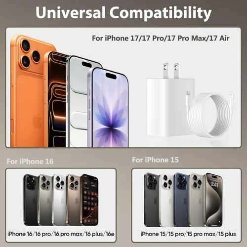 Miniatura 5 de Cargador para iPhone 17, 16, 15, carga rápida, cable de carga USB C de 10 pies de largo con bloque de carga rápida de teléfono tipo C de 20 W