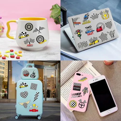 Miniatura 8 de 96 tatuajes temporales de bandera a cuadros para niños, recuerdos de fiesta de autos de carreras y decoraciones de cumpleaños, calcomanías falsas