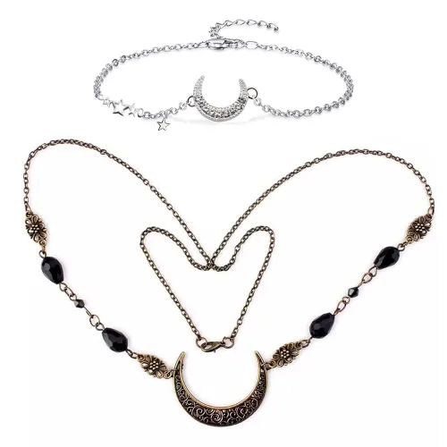 Miniatura 8 de Diadema de bruja con diseño de luna para mujer, corona de hada de elfo, disfraz de frente gitana vikinga, diadema bohemia luna dorada