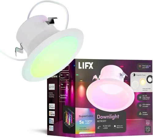 LIFX Luz descendente empotrable inteligente sin lata de 4 pulgadas, borde deflector profundo, RGB + blanco sintonizable (1500-9000 K), control de