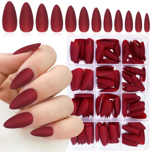 Miniatura 7 de 240 uñas postizas a presión con diseño de almendra de longitud media, uñas negras mates con diseño de almendra, puntas de uñas postizas cortas