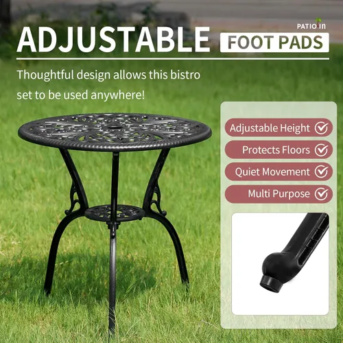 Miniatura 3 de Juego de 2 mesas y sillas de bistró al aire libre, juego de 3 piezas con agujero para paraguas, juegos de bistró de aluminio fundido negro