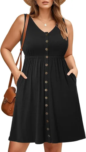Miniatura 21 de Holipick Vestidos de verano para mujer, talla grande, casual, con bolsillos, acampanado, con botones, sin mangas, cuello en V