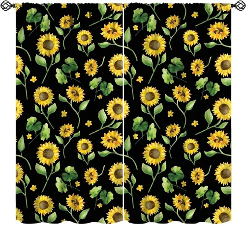 Miniatura 17 de Cortinas opacas con diseño de girasol, rústico, con diseño de girasol, mariposa, verde, amarillo, negro, para niñas, mujeres, dormitorio, sala