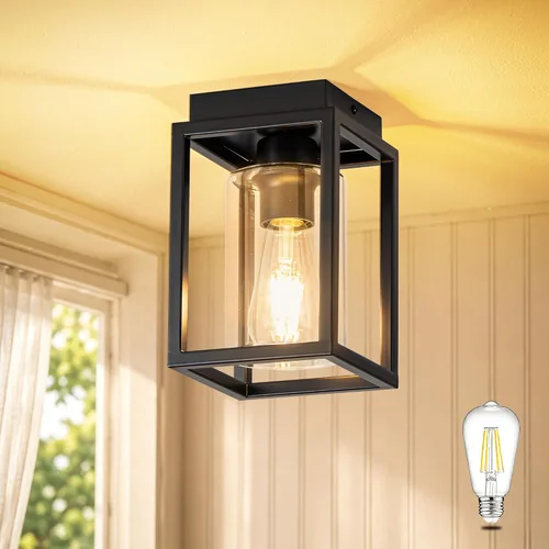 Miniatura 11 de Mayful Lámpara de techo de montaje empotrado con pantalla de cristal transparente, lámpara de techo de marco de metal negro para granja para isla