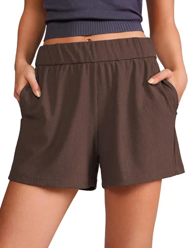 CRZ YOGA Cómodos pantalones cortos acanalados para mujer, de cintura alta, lyocell, casual, para descansar, atléticos, con bolsillos