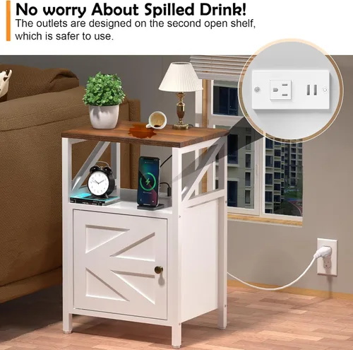 Miniatura 4 de Mesa auxiliar de granja con estación de carga, puertos USB de 3 niveles y mesa auxiliar, mesa auxiliar compacta para espacios pequeños, mesa blanco-K