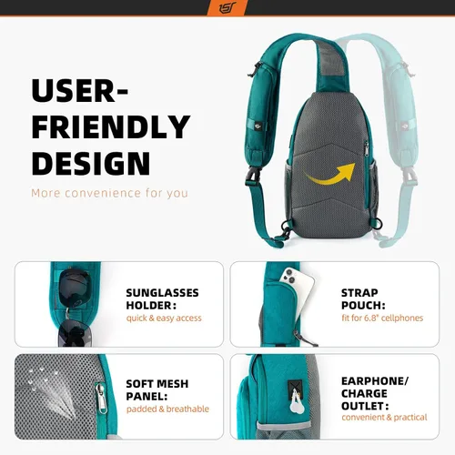 Miniatura 4 de SKYSPER - Mochila de bandolera con bloqueo RFID, mochila de hombro cruzada, para senderismo y viajes, para mujeres y hombres (cian)