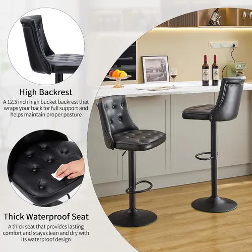 Miniatura 5 de FIRAVOE Juego de 2 taburetes de bar, taburetes de bar giratorios ajustables con respaldos, taburetes de bar de 25 a 34 pulgadas de altura de Negro