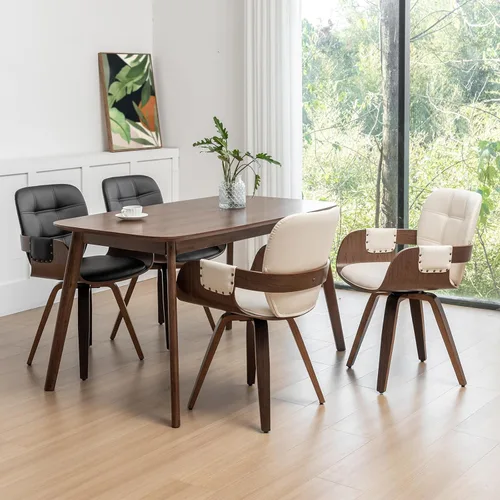 Miniatura 4 de Juego de 2 sillas de comedor giratorias, sillas de comedor modernas de mediados de siglo con brazos y respaldo curvo, madera curvada de piel Nogal