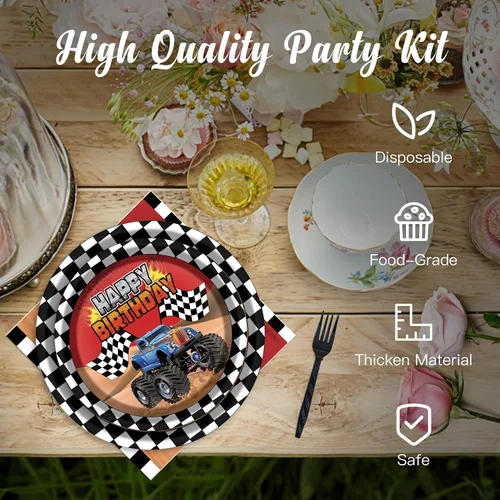 Miniatura 3 de Kit de suministros de fiesta de Monster Truck para 24 invitados, 97 piezas, incluyendo platos, tenedores, servilletas, banderines, ideal