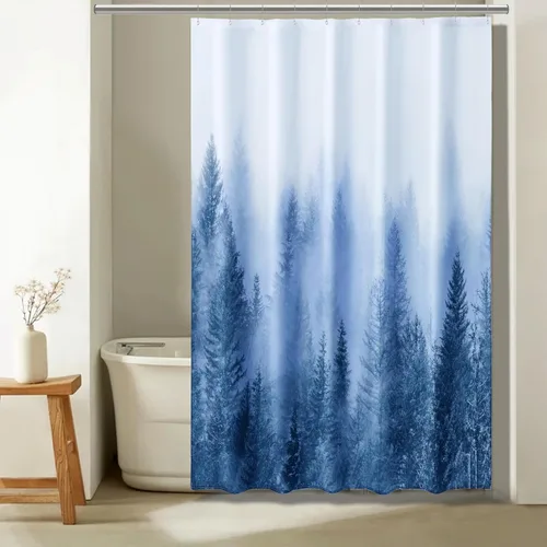 Miniatura 26 de ORTIGIA 36x72 Cortina de ducha de bosque nebuloso para baño pequeño, cortina de ducha estrecha de naturaleza y bosque en blanco y negro con ganchos