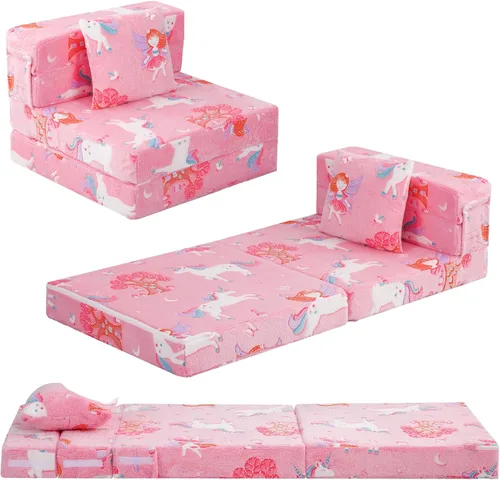 Miniatura 18 de MeMoreCool Silla Cama Futón Plegable para Niños, Sofá Cama Tri-plegable Brillante Convertible Colchón Sofá para Niños Pequeños, Sofá de Espuma