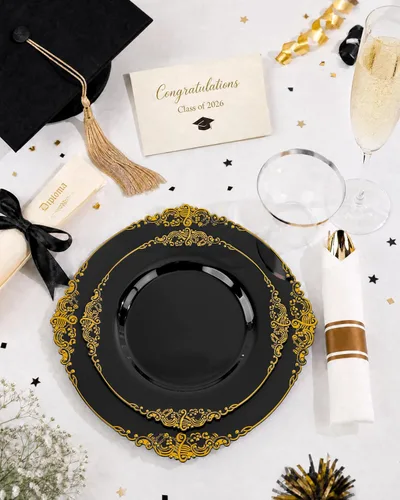 Miniatura 2 de Nervure - 350 platos de plástico negro - Juegos de vajilla de plástico negro para 50 invitados - 100 platos desechables, 150 cubiertos dorados, 50