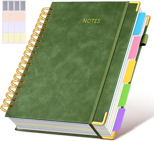 Cuaderno universitario de espiral con tapa dura de cuero de 8 x 10 pulgadas, con pestañas separadoras extraíbles, para 5 materias, a rayas; diario
