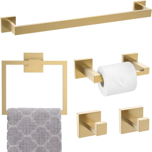 Miniatura 15 de Juego de accesorios de baño de 5 piezas 60 cm Barra de toalla dorada Juego de barra de toalla Anillo de toalla Gancho para abrigos y soporte