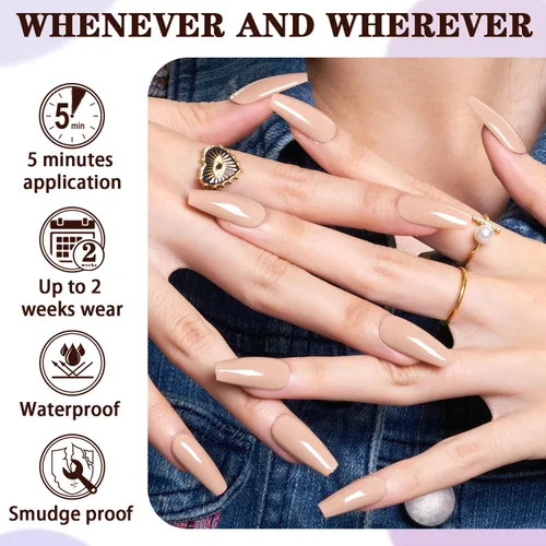 Miniatura 4 de WOOYAS - Uñas postizas cortas a presión, color nude brillante, uñas postizas de otoño de ataúd mediano, juego de 24 uñas postizas reutilizables