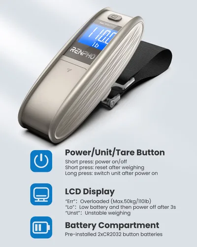 Miniatura 3 de RENPHO Báscula de equipaje para maletas, báscula digital portátil para viajes, báscula de pesaje de equipaje de mano con gancho, función de tara