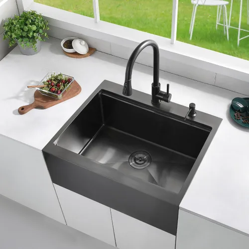 Miniatura 2 de Luckyhorse LH008SZ - Fregadero de cocina negro de 28 x 22 pulgadas con caída en la parte superior, estación de trabajo, fregadero de cocina
