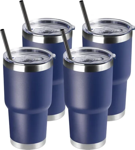 Miniatura 24 de DOMICARE Vaso de 30 oz con tapa y pajita, vasos de acero inoxidable a granel, aislado al vacío de doble pared para café, vaso duradero