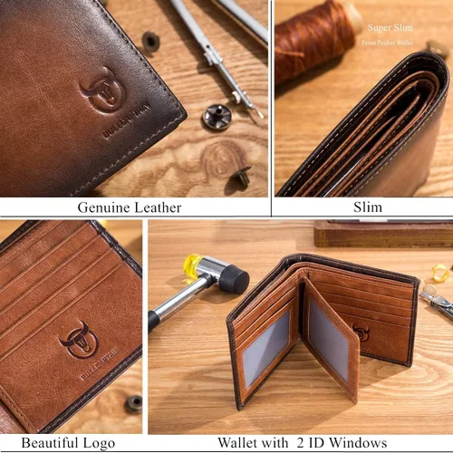 Miniatura 6 de BULLCAPTAIN Carteras para hombres RFID bloqueo delgado Bifold cuero genuino bolsillo frontal cartera con 2 ID Windows QB-05, Marrón