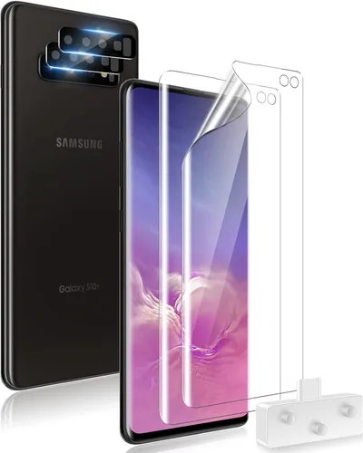 TOCOL Paquete de 2 + 2 protectores de pantalla para Samsung Galaxy S10 Plus, paquete de 2 protectores de pantalla de TPU y 2 protectores de lente de