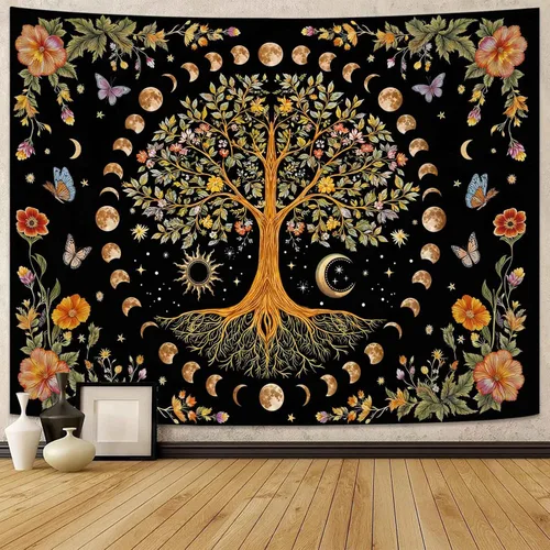 Miniatura 10 de Lunerfex Tapiz de árbol de la vida, tapiz de pared de fase lunar, tapices verdes para dormitorio, techo, tapices para colgar en la pared