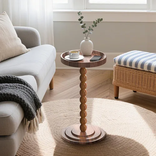 Miniatura 2 de XNSDXV Mesa auxiliar redonda con patas de madera maciza, mesa pequeña para bebidas para espacios pequeños, mesa de Martini con borde elevado, mesa