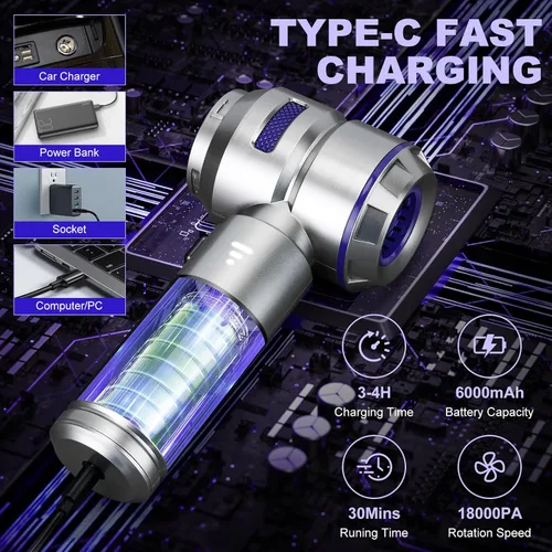 Miniatura 3 de Aspiradora portátil inalámbrica para automóvil, 18000 PA de alta potencia con motor sin escobillas, plumero de aire 4 en 1, soplador, bomba y mini