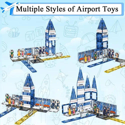 Miniatura 4 de AFUNX - Azulejos magnéticos, set de 54 piezas con tema de aeropuerto, bloques de construcción magnéticos y juguetes educativos STEM para niños