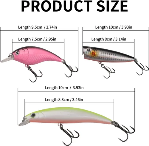 Miniatura 8 de Kit de señuelos de pesca mezclados, incluyendo ojos 3D Hard Minnow Popper cebos de manivela con ganchos para agua salada, trucha, lubina, salmón
