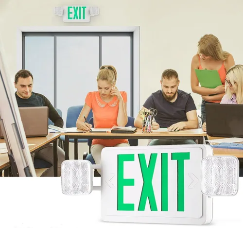 Miniatura 2 de 1 paquete de luces LED verdes con dos cabezales ajustables, iluminación de salida combinada con baterías de respaldo/listado UL, montaje en pared