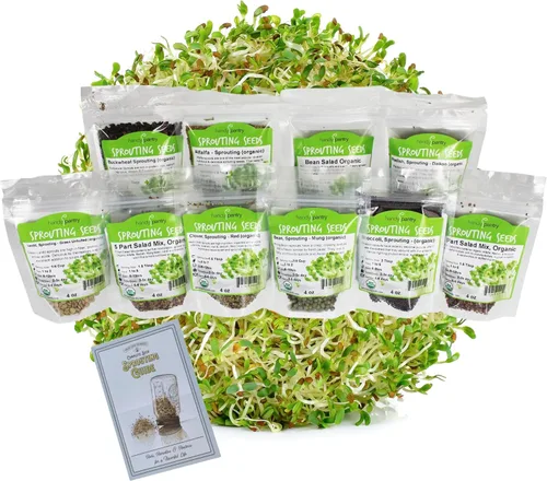 Mezcla orgánica de semillas germinantes - 2.5 lb - 10 variedades: alfalfa, frijol mungo, brócoli, lentejas, trébol, trigo sarraceno, rábano,