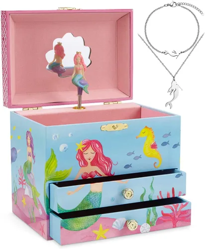 Jewelkeeper Caja de música de sirena y juego de joyas para niñas pequeñas, 3 regalos de sirena para niñas, joyero musical para niñas, cajas de