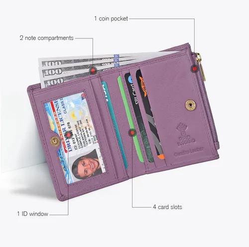 Miniatura 2 de Billetera Oak Leathers para mujer de piel de grano completo - Pequeña con protección RFID, monedero para monedas, tarjetero de crédito y DNI