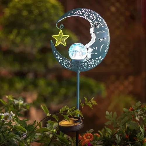 Miniatura 4 de Hapjoy - Luces solares para exteriores, decoración de jardín para patio, césped o camino, decoraciones de luna, luces de estaca de metal con diseño