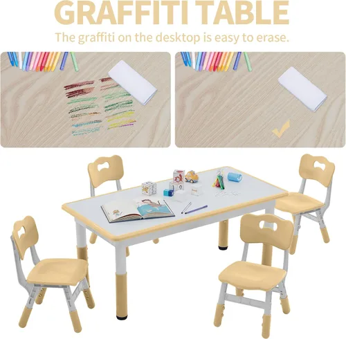 Miniatura 4 de DOREROOM Juego de Mesa y Sillas para Niños Pequeños para 4, 47.2''L x 23.6''A Juego de Mesa y Sillas de Estudio para Niños, Altura Ajustable, Beige