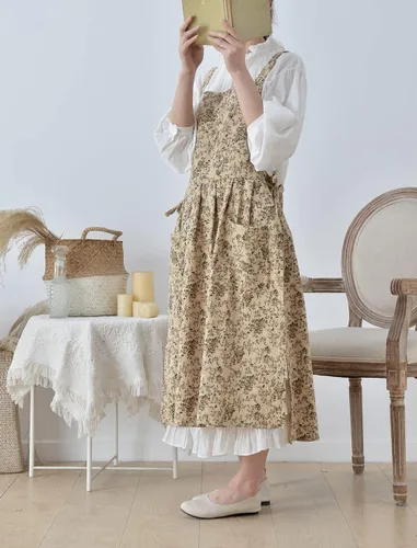Miniatura 6 de Delantal japonés de algodón con espalda cruzada para mujer con bolsillos A1-café Floral