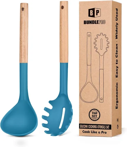 Miniatura 12 de Juego de tenedor y cucharón de silicona para pasta con mango de madera, utensilios de cocina antiadherentes resistentes al calor para cocinar, Caqui