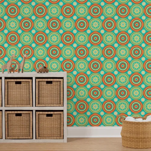 Miniatura 7 de Muestras de papel tapiz para despegar y pegar, círculos de azulejos florales retro de mediados de siglo, moderno, turquesa, naranja, amarillo