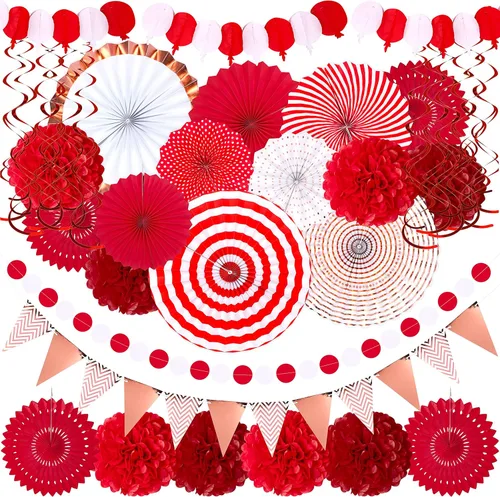 Miniatura 11 de Juego de 35 piezas de decoración para fiesta con abanicos de papel - Pom Poms del Cinco de Mayo, banderines, guirnaldas, pancartas, remolinos