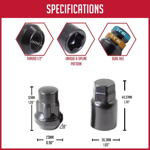Miniatura 2 de Wheel Accessories Parts 4 cerraduras + llave de 1/2"-20 roscas de extremo cerrado de 1.378 in 1.38 pulgadas de largo cerradura de rueda negra doble