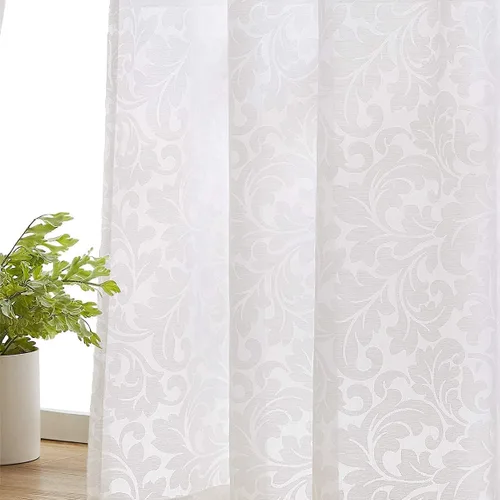 Treatmentex Cortinas traslúcidas blancas para ventanas de 63 pulgadas, diseño de hojas florales vintage para sala de estar, bolsillo para barra, 54