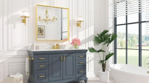 Miniatura 2 de Keonjinn Espejo de baño dorado cepillado de 36 x 36 pulgadas, espejo cuadrado de pared dorado con marco de metal, espejo rectangular para baño