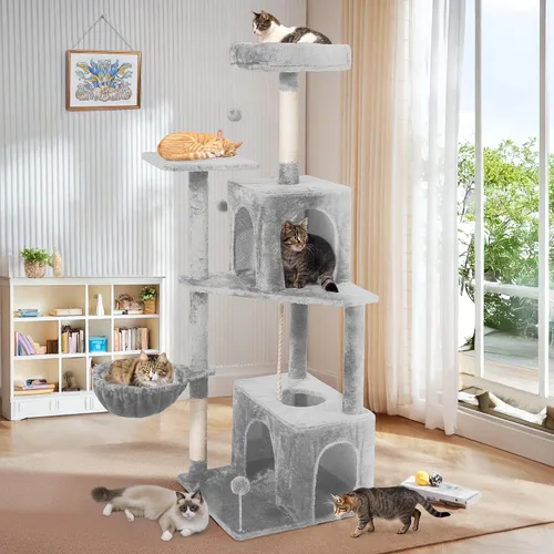 Miniatura 7 de Torre de árbol para gatos de varios niveles de 54 pulgadas con hamaca, condominios y postes rascadores, muebles grandes para gatos