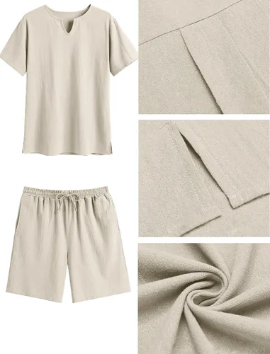 Miniatura 5 de Lexiart Conjunto de 2 piezas de algodón y lino para hombre, camisa de manga corta con cuello en V, pantalones cortos de playa, trajes de yoga