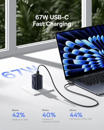 Miniatura 2 de Baseus PICOGO Cargador USB C de 67W, el Bloque de Carga Rápida de 3 Puertos Más Pequeño con Enchufe Plegable, PD/PPS para MacBook Air/Pro, iPhone