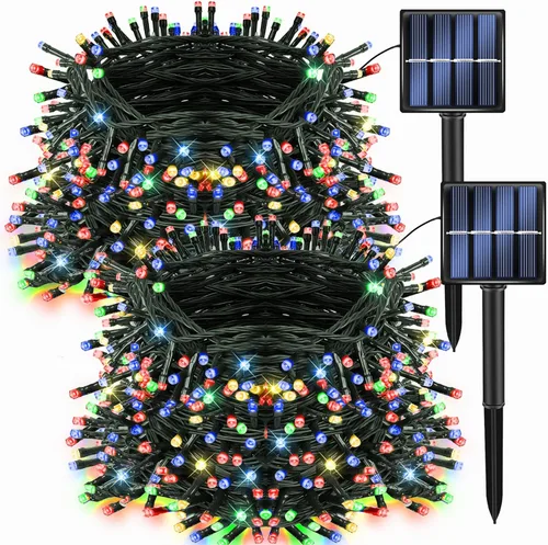 Miniatura 9 de Dazzle Bright Paquete de 2 tiras solares de Navidad blancas de 400 LED de 132 pies para exteriores, funciona con energía solar con 8 modos de luces